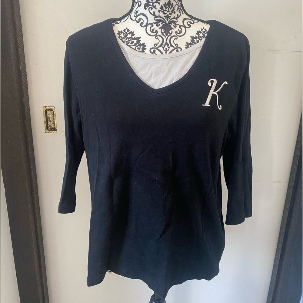 Kikit Maurice Sasson Size Large Black 3/4 Sleeve Shirt with White Under Layer